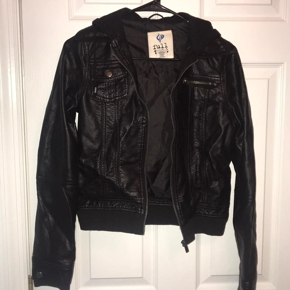 black leather jacket with hood